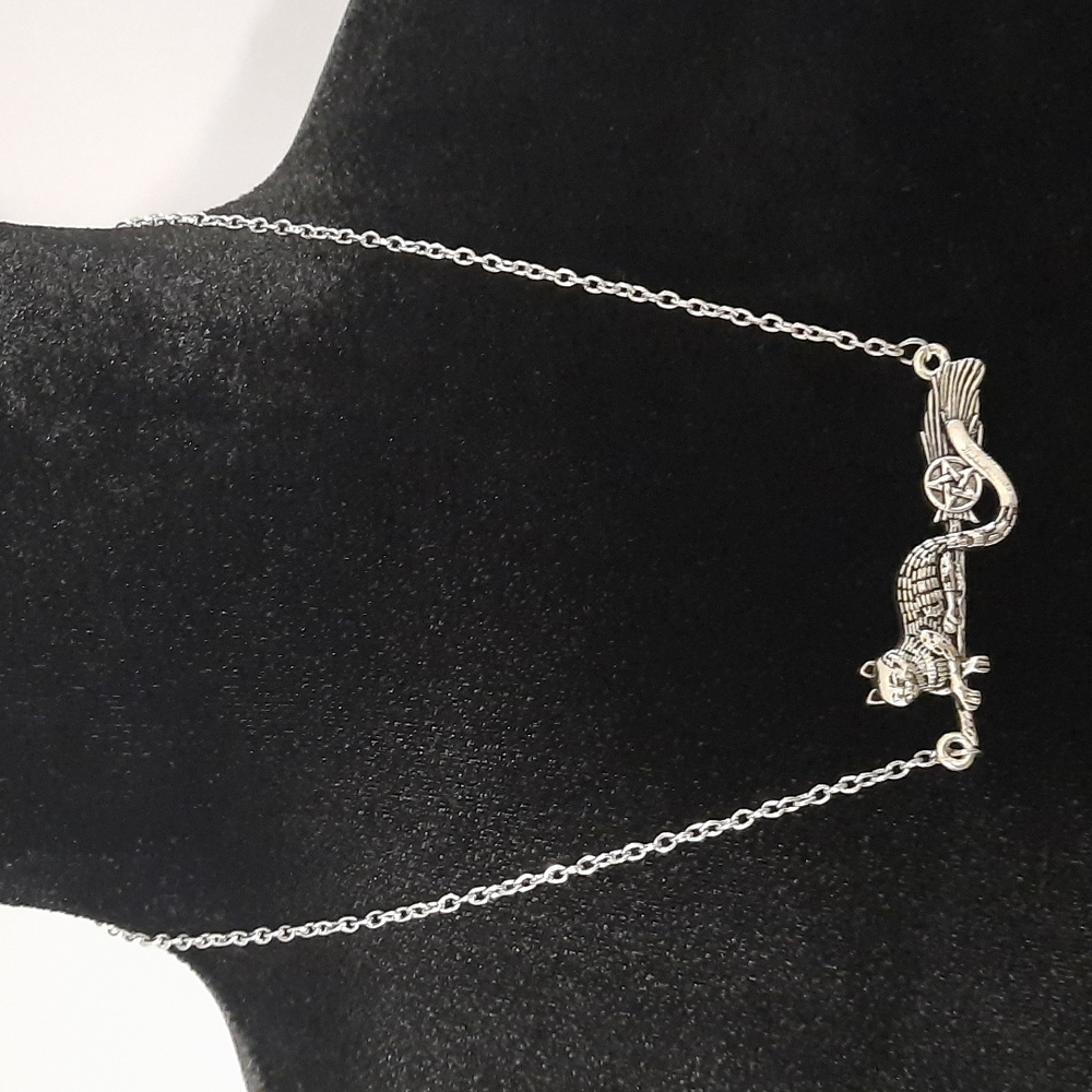 Witch's Cat Pentagram Broomstick Adjustable Necklace